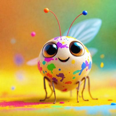 The primary subject of the image is a cute, colorful, and smiling toy insect, possibly a ladybug or a beetle, with a rainbow-colored body. The setting is a colorful background, which adds to the vibrant and cheerful atmosphere of the scene. The visual style of the image is a combination of photo and digital art, creating a unique and eye-catching design. The colors and mood of the image are predominantly bright and lively, with a sense of fun and playfulness.